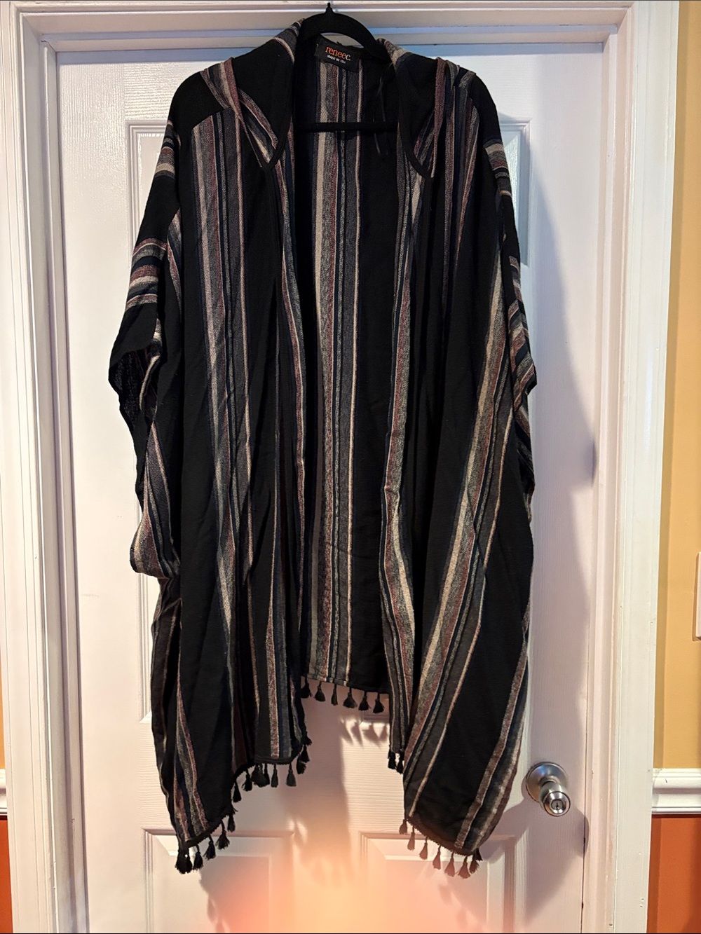 Renee C. Striped Hooded Open Kimono in Black and Cream